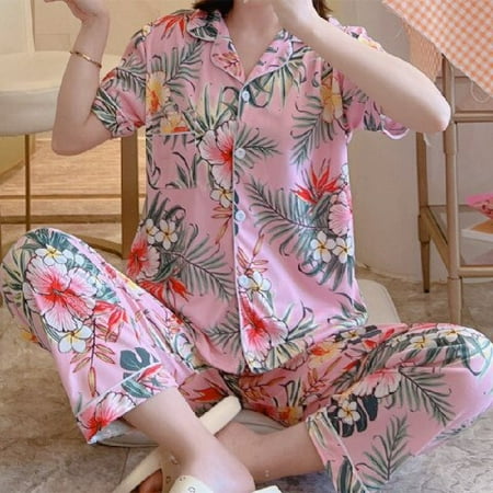 

DanceeMangoo New Sale Women Home Wear Summer Short Sleeved Women Pajamas Set Long Pant Pyjamas Sets Cotton Leisure Sleepwear Set