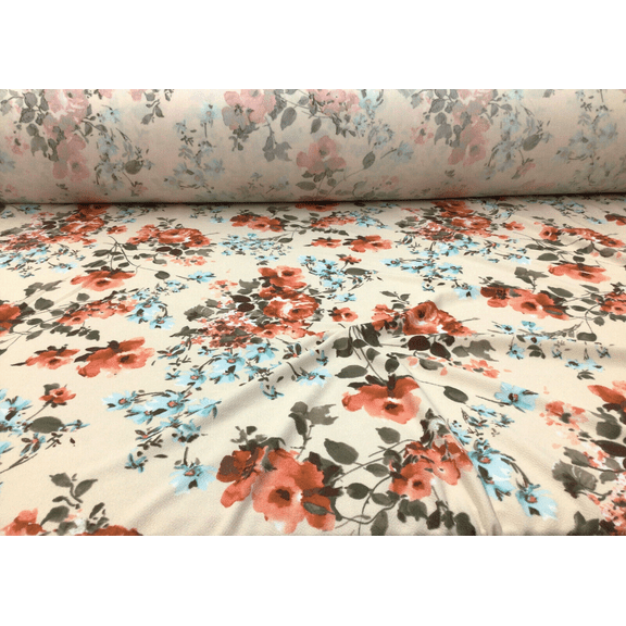 Printed Liverpool Textured Fabric Stretch Beige Orange Soft Mint Floral 1N23