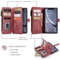 thumbnail image 2 of Wallet Case for iPhone XR, Premium Handmade PU Leather Phone Case Card Slots Magnetic Closure Zipper Pocket Kickstand Flip Case with Hand Strap - Vintage Red, 2 of 14