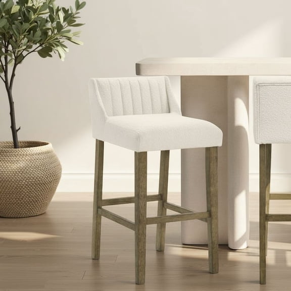 Fauna Modern Transitional Wood Bar Height Kitchen Bar Stool in Putty Brown Finish with White Boucle Fabric Upholstered Seat - Set of 2