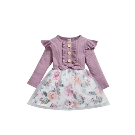 

Canrulo Infant Baby Girls Autumn Dress Ruffles Long Sleeve Flowers Printed Lace Tutu Knee Length Dress Purple 3T