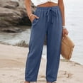 thumbnail image 2 of Linen Pants Women Elastic High Waisted Drawstring Wide Leg Linen Pants Lounge Solid Color Beach Pant with Pockets, M, 2 of 6