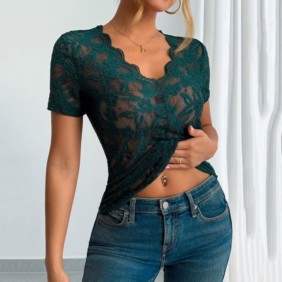 Womens Summer Tops Casual One Necked Shoulder Exposed Leaf Lace Short Sleeved Workout Tops Tee Shirts - Army Green∣2XL