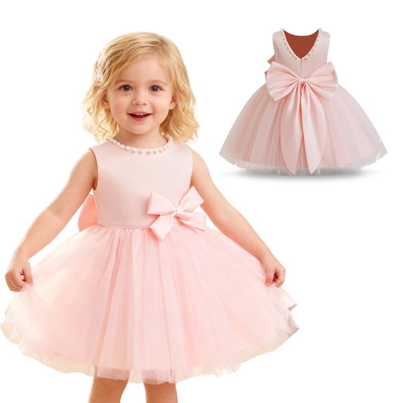 Flower Girl Sleeveless Pink V-Back with Big Bow Birthday Holiday Princess Dresses for Wedding 12-18 Months