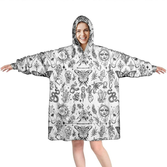 Wearable Oversized Blanket,White Gothic Hand Butterfly Pattern Wearable Blanket Hoodie for Adults,Cozy Hooded Blankets with Super Pockets,Super Warm Fuzzy Pullover for Women & Men