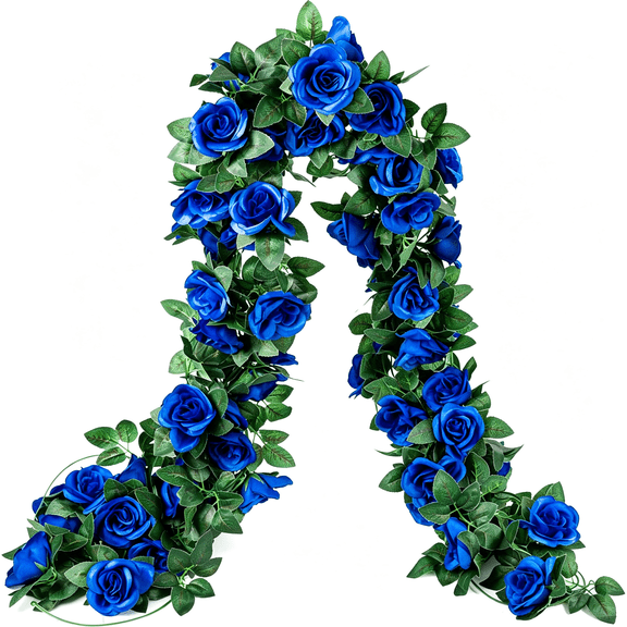 BZCOE 2 Pack (16Ft) Artificial Rose Vine Fake Flowers Garland (Royal Blue) | Hanging Silk Rose Ivy Plants Vine for Father'S Day,Wedding Arch Party Garden Home Aesthetic Art Décor