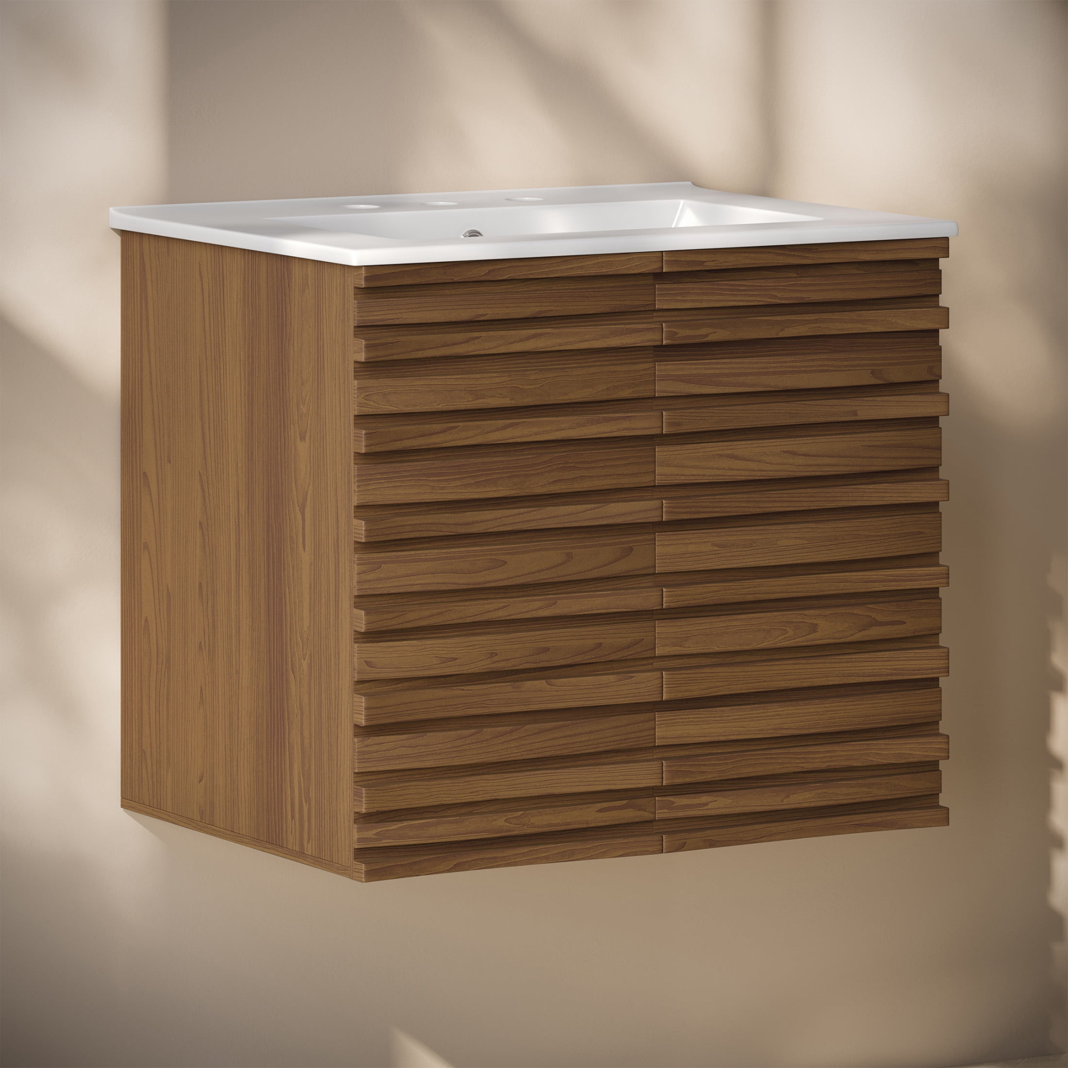 Cascade 24" Wall-Mounted Bathroom Vanity in Brown Oak with 3-Hole Widespread Sink Top