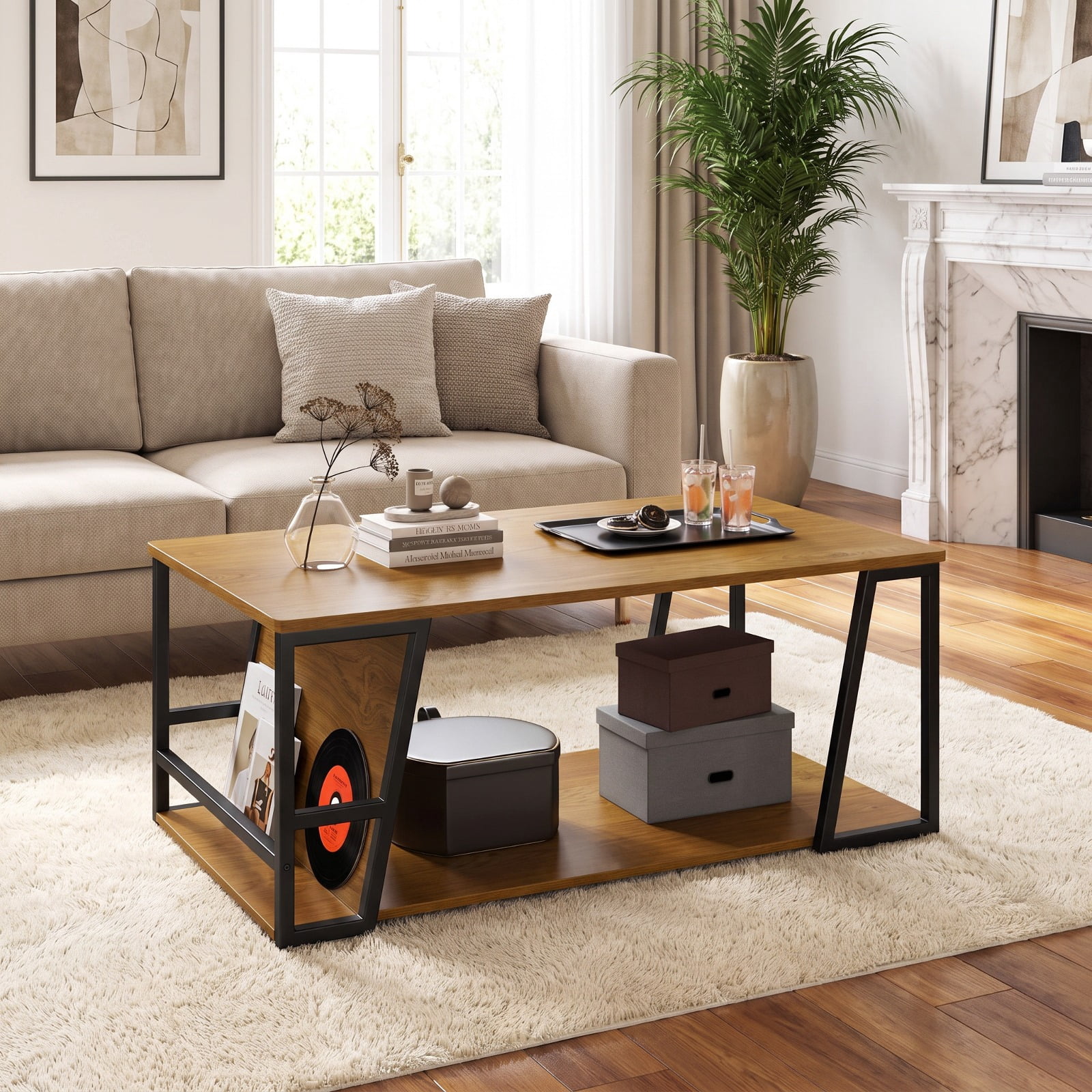 Furnibear Rectangle Industrial Coffee Table 2 Tier Accent Table with Storage Shelf and Side Compartment for Living Room, Natural