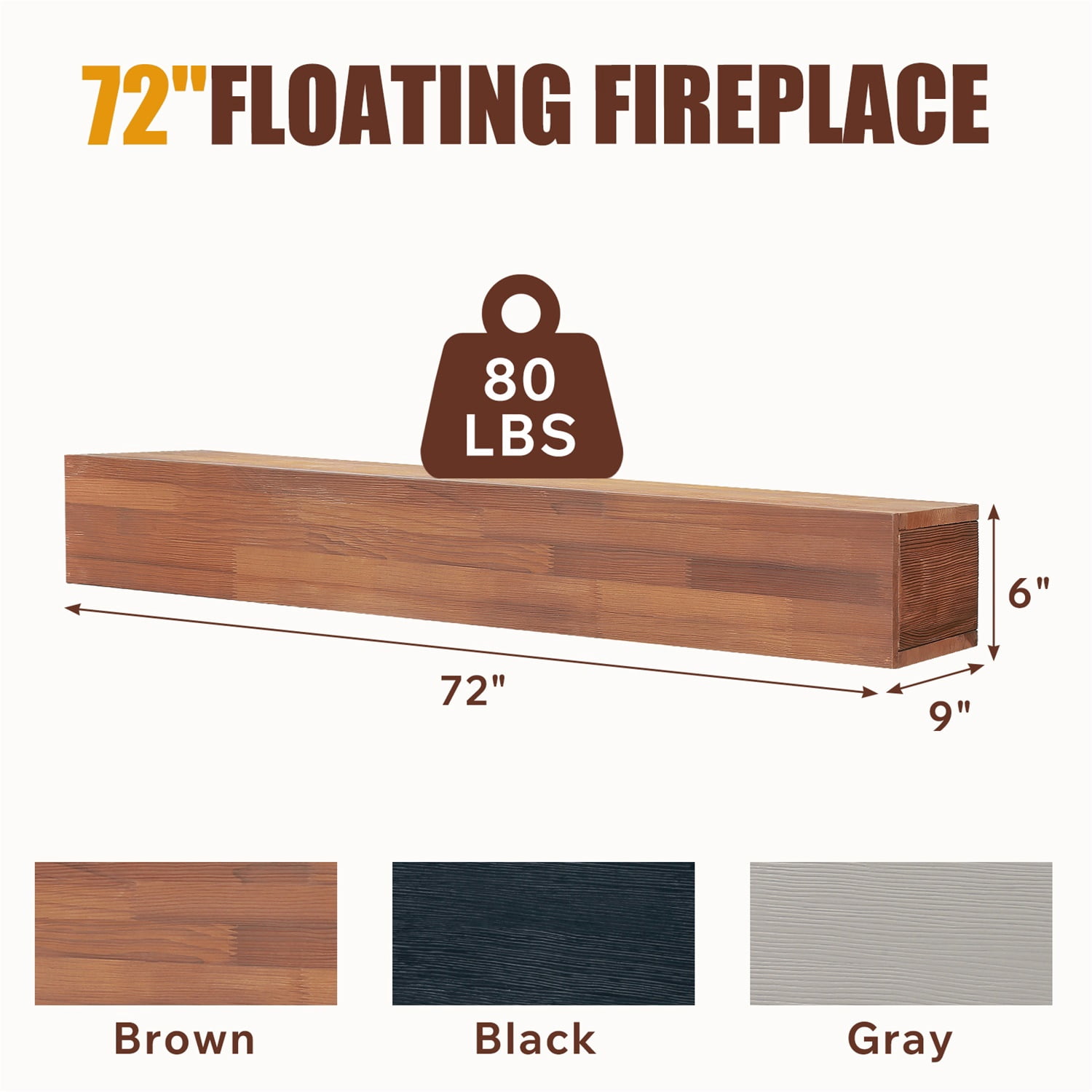 Hommoo 72" Rustic Wood Fireplace Mantel Wall-Mounted & Floating Shelf for Home Decor, Brown