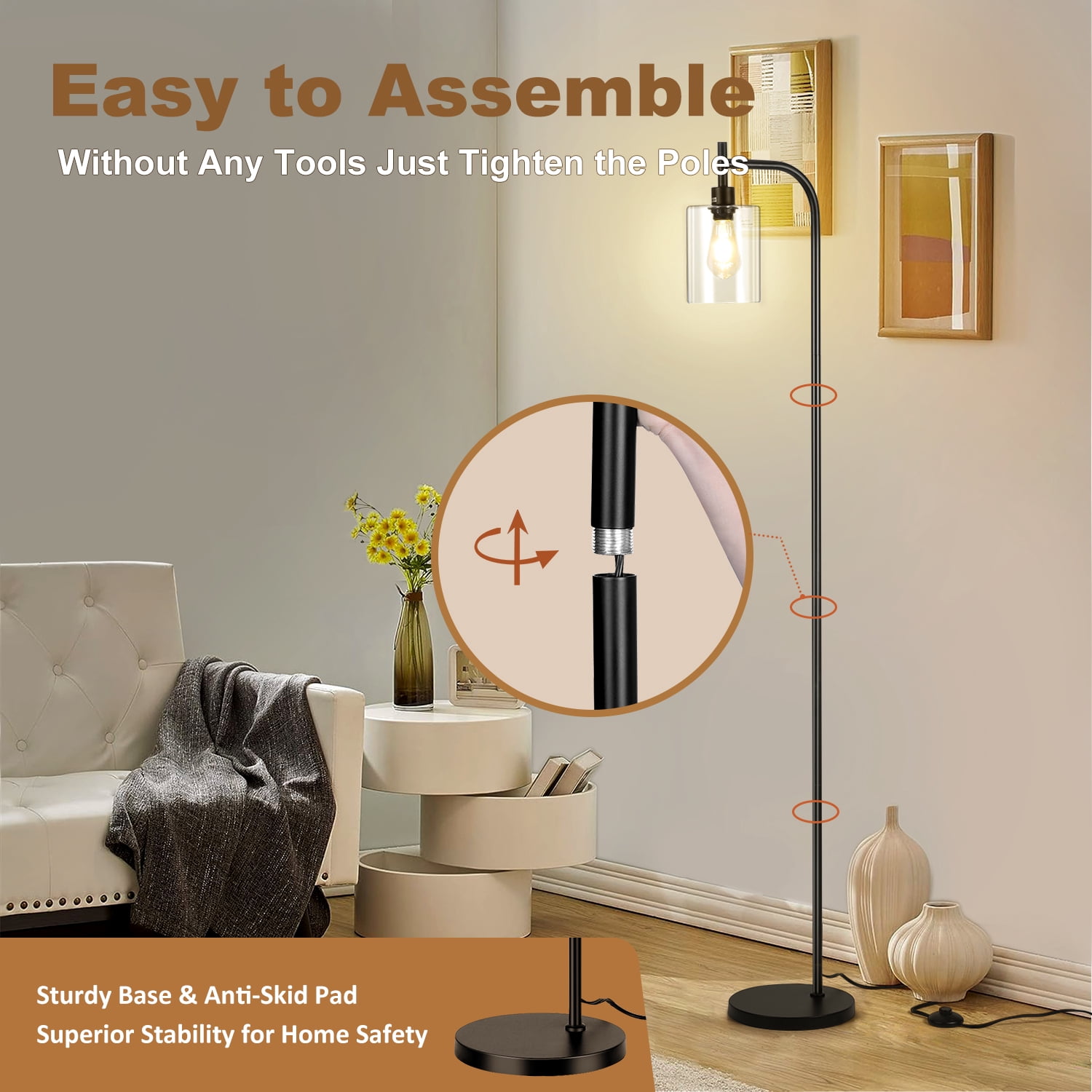 Coliware Arc Floor Lamp with Acrylic Lampshade, Modern Tall Standing Lamp with Foot Pedal Switch, Farmhouse Industrial Pole Light for Living Room Bedroom Yard, Bright LED Bulb Included