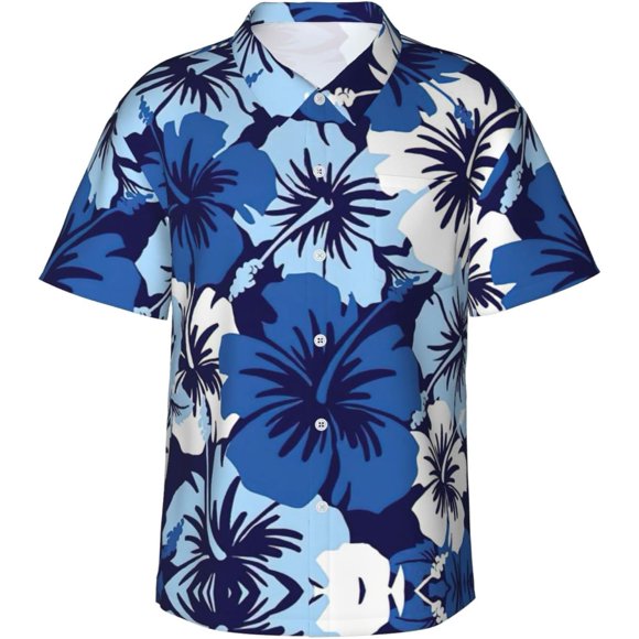 Blue Hibiscus Print Men's Short Sleeve Button-Down Shirts Summer Casual Beach Shirts Hawaiian Shirt for Men