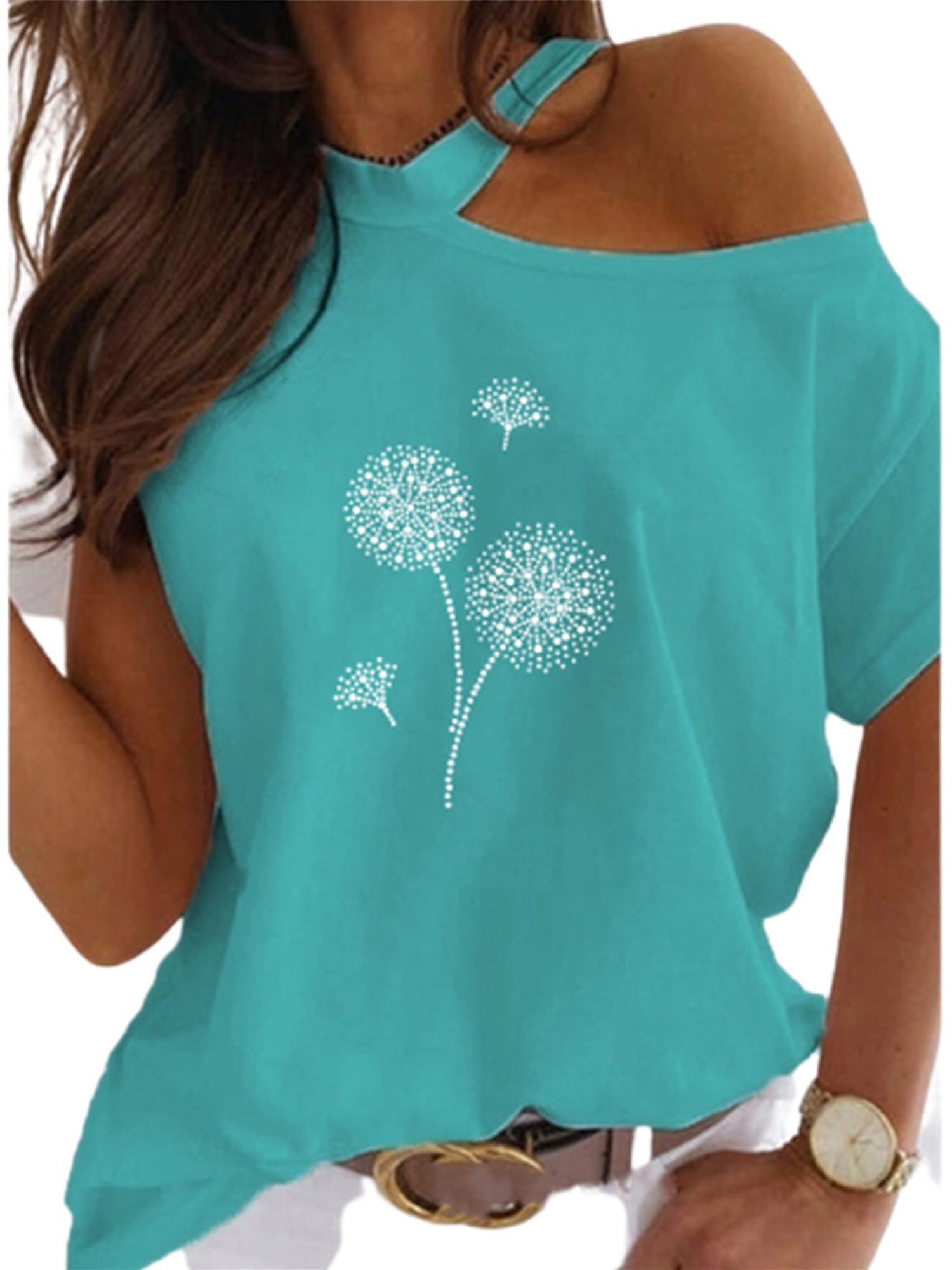 Eleluny Plus Size Women Dandelion Print T-Shirt Off One Shoulder Tops ...