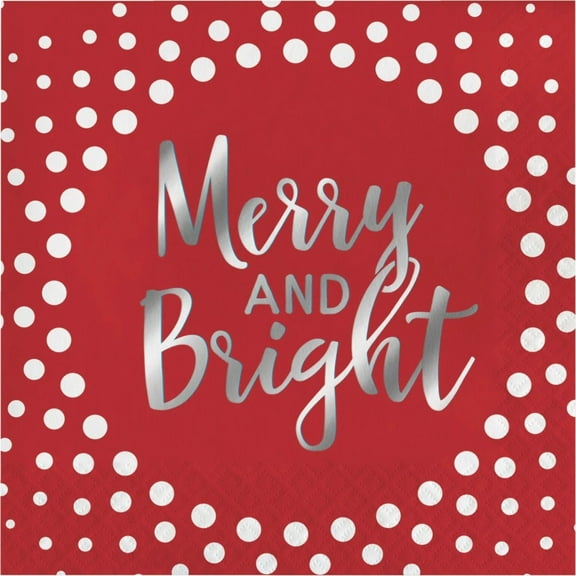 Foil Stamped Holiday Merry and Bright Red Lunch Napkins, 16 pack