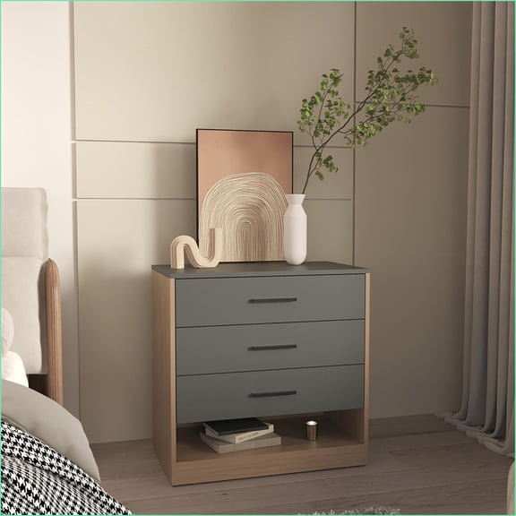 Dressers with 3 Drawers & 1 Shelf, Modern Matte Gray/Natural Oak | Matte Gray | Engineered Wood