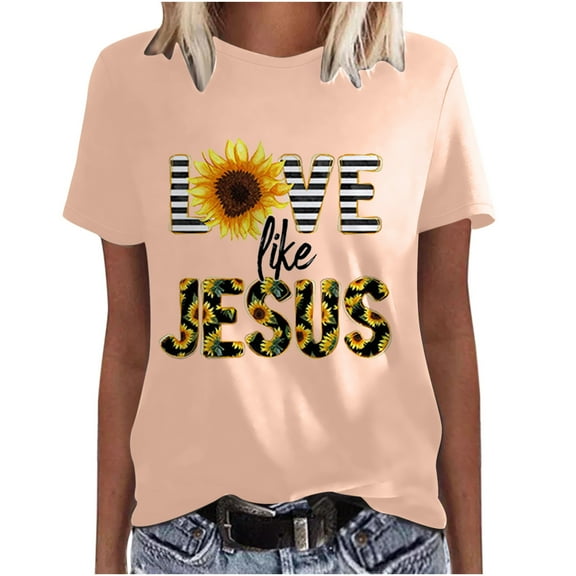 Honeeladyy Savings Love Like Jesus Womens Tops Dressy Casual Short Sleeve T-Shirt Summer Comfy Round Neck Tunic Tops Funny Graphic Tees Pink