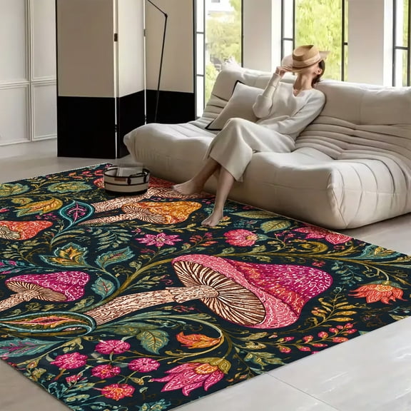 RKSupls 4x3ft Embroidered Mushroom Floral Dark Pattern Soft Fluffy Velvet Area Rug for Living Room Bedroom, Non-Slip Washable Carpet, Chic Minimalist Home Decor