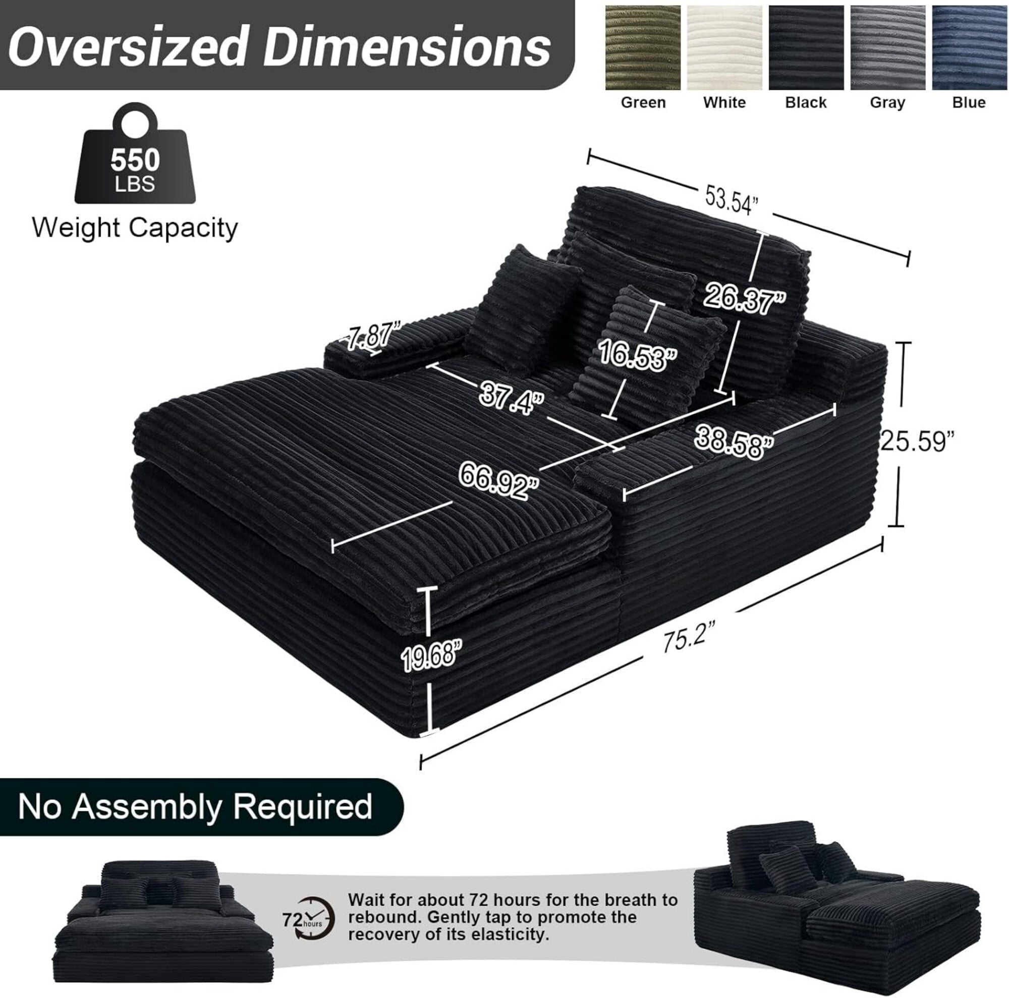 DEALTOPS Oversized Corduroy Chaise Lounge Sofa, 75.2" Upholstered Couch with Pillows for Living Room & Bedroom, Black
