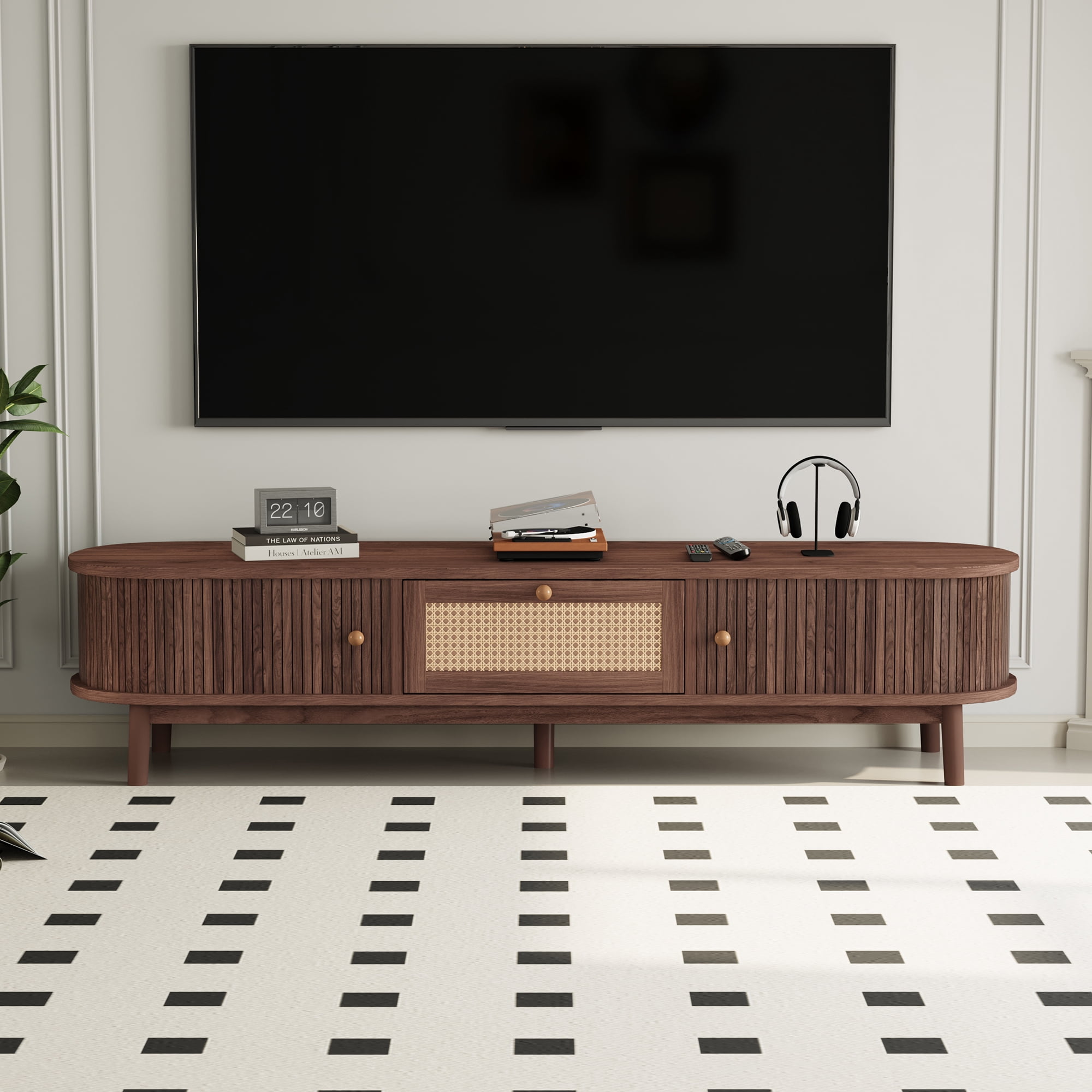 Euroco Modern Design TV Stand for 75" TVs, Media Console TV Cabinet with Rattan-Front Drawer for Living Room, 1 Drawer and 2 Sliding-Door Cabinets