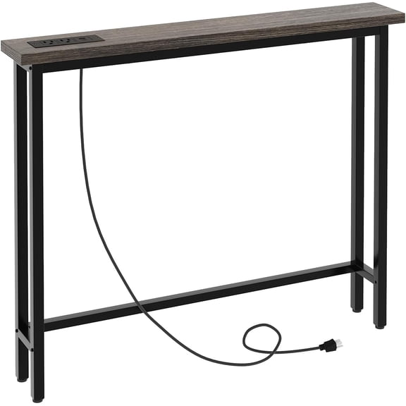 39" Console Table with Power Outlet, Narrow Sofa Table,Charcoal Gray | Entryway Table with Charging Station & 4.9 Ft Extension Cord & Adjustable Feet, behind Couch Table for Living Room, Hallway