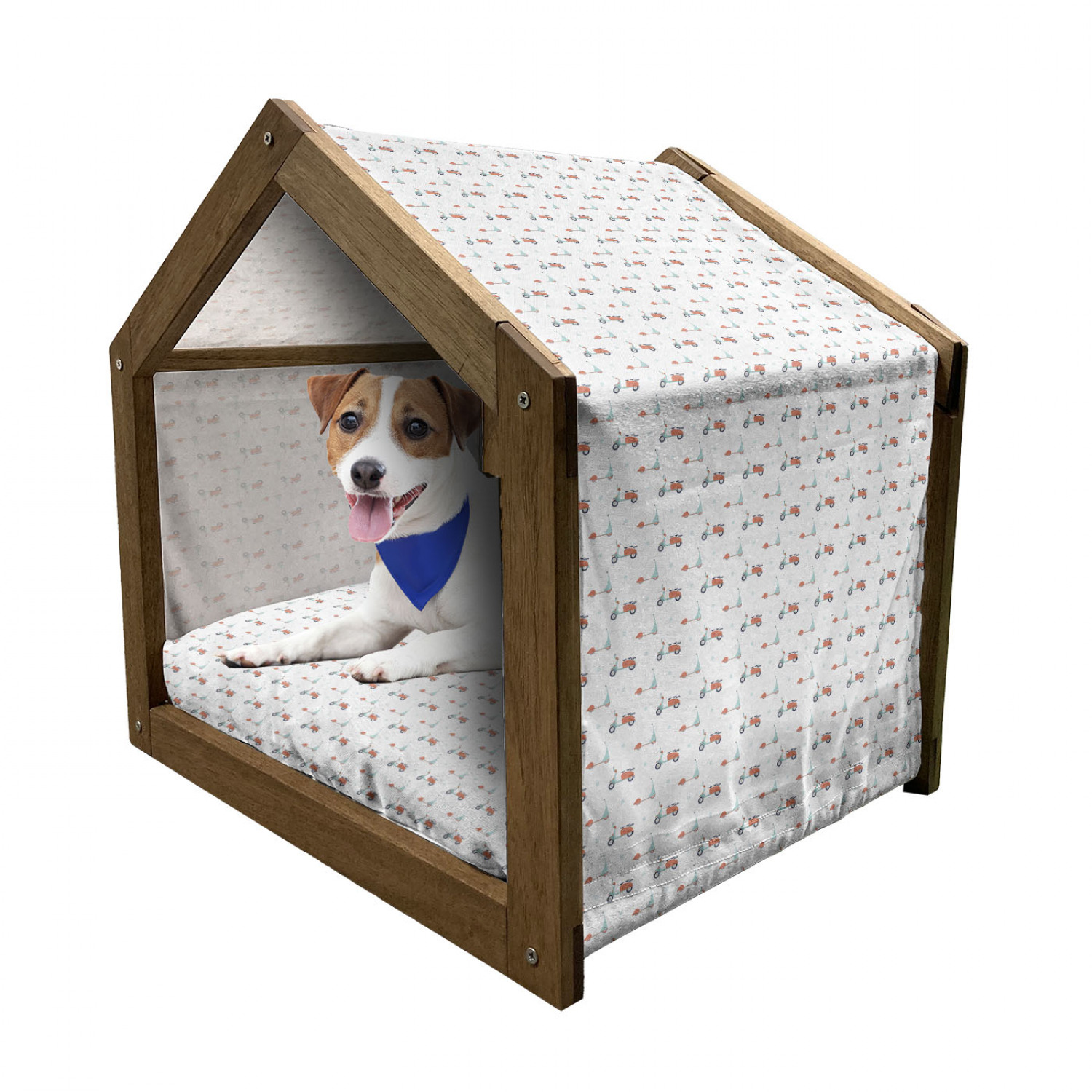 Floral Patterned Wooden Dog House with Canopy and Pillow