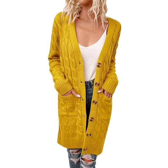 Solid Color Cardigan Long Cable Knitted Sweater Fashion Loose Knitwear Autumn Women Coat Pockets Round Neck Outwear Open Front Warm Pullover