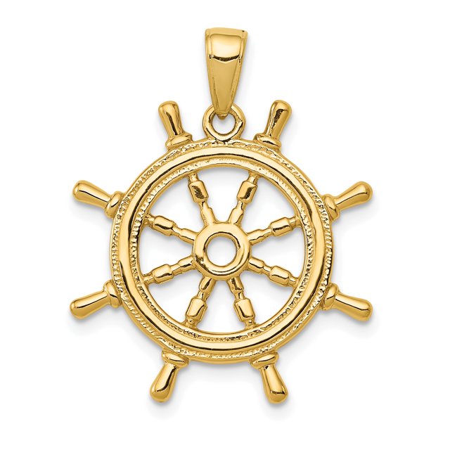 14k Yellow Gold Ships Wheel Necklace Charm Pendant Seashore Boating
