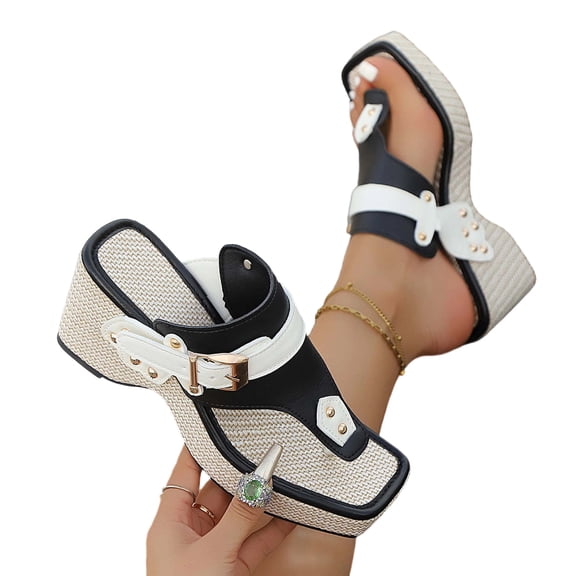 Gpaecead Women Wedge Thong Sandals Square Toe Woven Fabric Studded Straps Cushioned Plus Size Spring Summer Beach Bohemian Shoes,Black