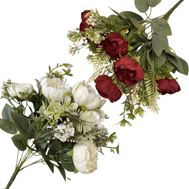 Flores Artificiales, Ramo de Flores Vintage de Peonias Artificiales Decoracion para Decoración del Hogar, Novia, Boda, Fiesta, Festival (Rojo y Blanco)