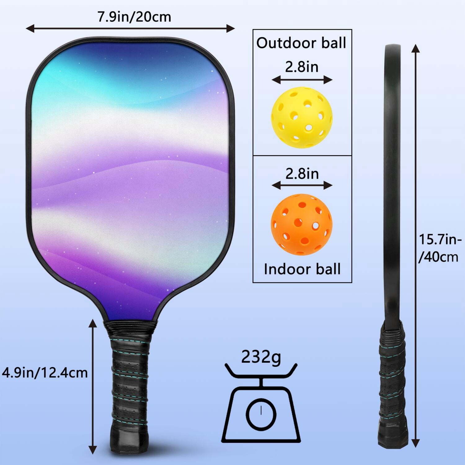 Pickleball Paddles Set Of 1, Fiberglass Surface, Fluid Smoke Aurora Art Style, 1 Paddle, 2 Balls & Bag