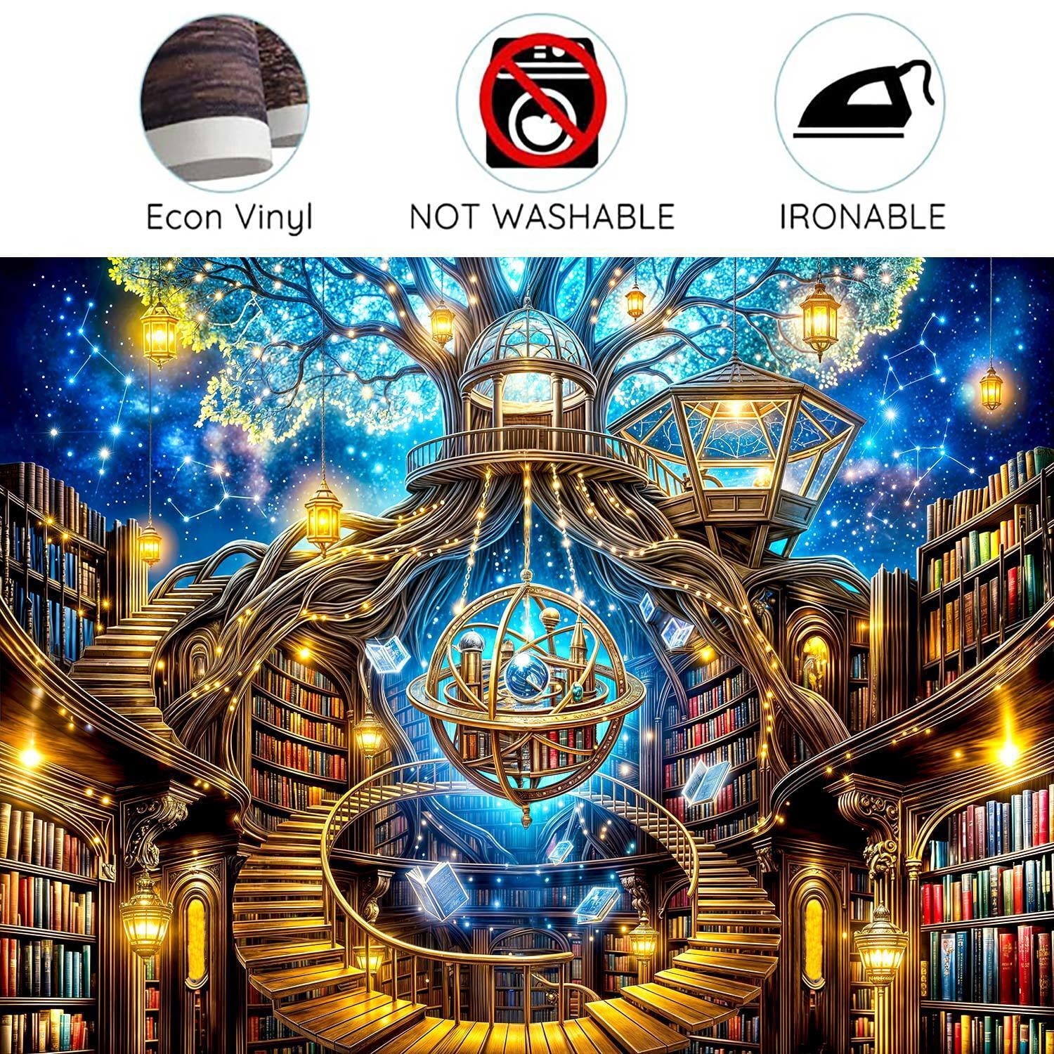 10x8ft Magic Library Photography Backdrop, Fantasy Tree Library with Armillary Sphere Starry Sky Background, Enchanted Bookstore Decor for Book Lovers Reading Birthday Party Photo Booth