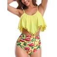 thumbnail image 3 of Women High Waisted Bikini Ruffle Swimsuit Flounce Pom Pom Trim Two Piece Bathing Suit Yellow&flamingo (L, 3 of 7