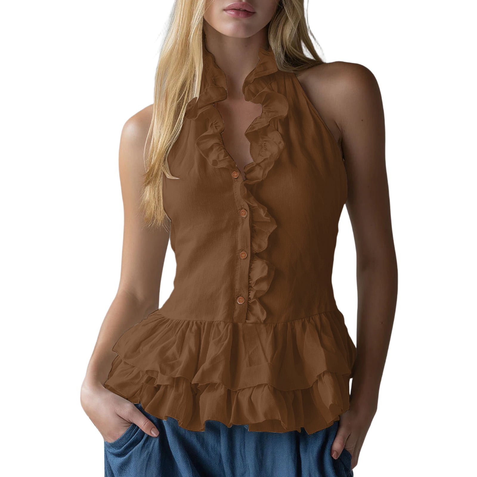 Women's Ruffle Summer Linen Tank Tops, Dressy Casual V Neck Peplum