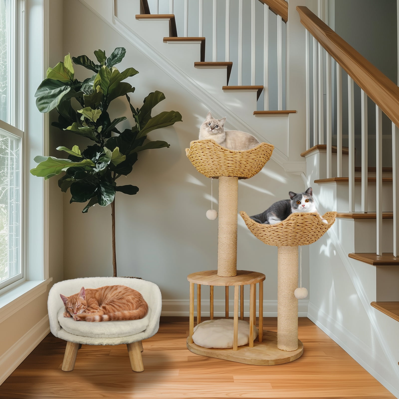 BingoPaw Wood Cat Tower Tree 3-tier Cat House Tree Activity Tower Condo Furniture with Plush Cushion