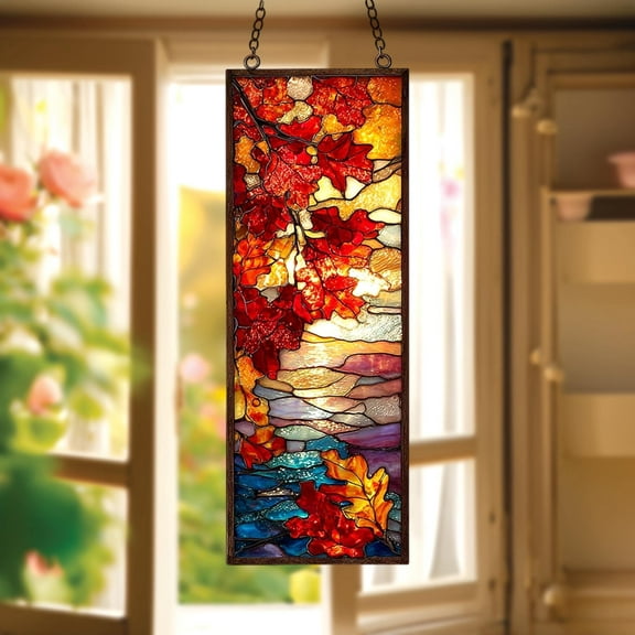 Fall Leaves Acrylic Window Hanging, Rustic Forest Sunset Faux Stained Glass Suncatcher Panel, Maple Landscape Cabin Wall Decor Gift