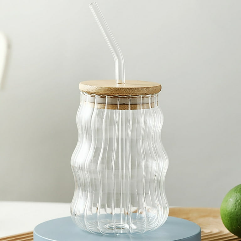 Drinking Glasses with Bamboo Lids and Glass Straw 16.9oz Waved Shaped Glass  Cups, Beer Glasses, Iced Coffee Glasses 