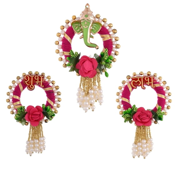 Indian store01 3-inch Shubh Labh Door Hanging Pink Traditional Wall Decor for Pooja Room, Entrance and Diwali Decoration ,Set of 2