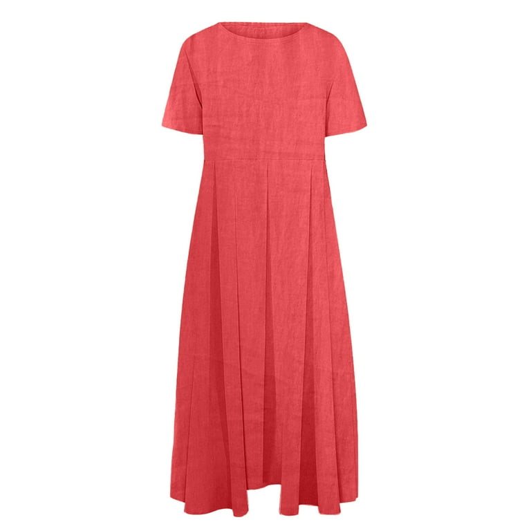 Efsteb Plus Size Casual Cotton Linen Dress for Women Solid Color Crewneck Short Sleeve Summer Loose Maxi Dress with Pockets Watermelon RedXL, Women's