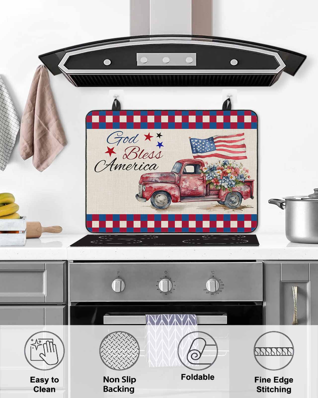 nqOlkjepod Large Induction Cooktop Protector Mat 24"x21", 4th of July Stove Top Covers for Electric Stove, Red Blue Plaid Truck Floral Star Rustic Stove Burner Cover Mats, Glass Top Stove Cover