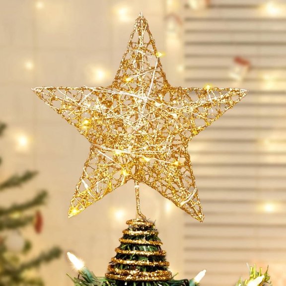 Christmas Tree Topper, Gold Glitter Hollow 5-Point Star with Lights, Tinsel Star Decoration with Christmas Tree Topper Base, Suitable for Decorating Yard Office Bistro Restaurant Party