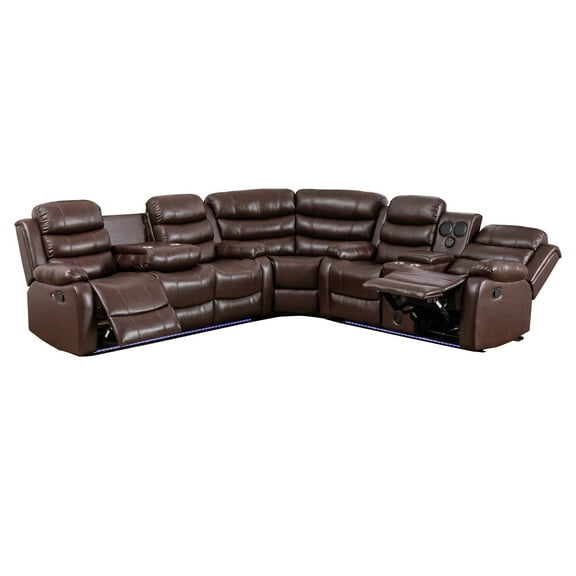 Hybition Faux Leather Living Room Set Modern Reclining Sectional Sofa Set- Brown