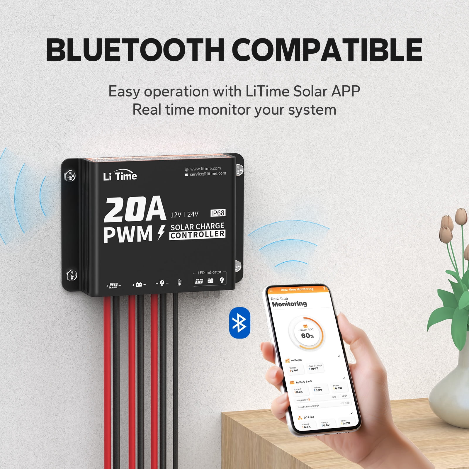 LiTime 12V/24V 20A PWM Controller, Solar Charging Controller with Bluetooth, IP68 Dust & Water Proof with Mounting Hole for LiFePO4 Lithium Battery ,SLA, FLA, Gel