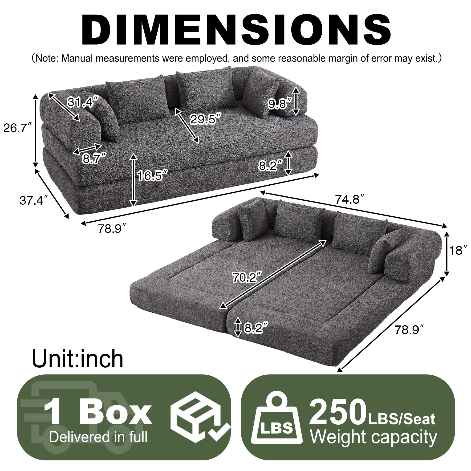 78.9inch Convertible Sleeper Sofa,Chenille Folding Mattress Sofa with DIY Removable Armrests,Floor Standing Lounge Sofa for Living Room Bedroom Small Space,Grey