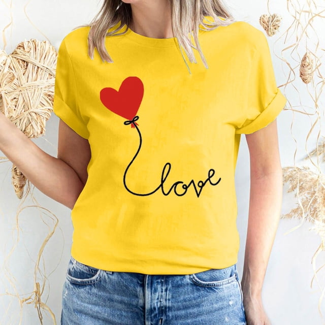 Meichang Hauts pour Femmes T-Shirts de la Saint-Valentin T-Shirts de Fête à Col Rond T-Shirts à Imprimé Cœur d'Amour T-Shirts à Manches Courtes Jolis Tees Blouses en Liquidation