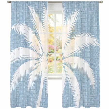 Blue Palm Tree Sheer Curtains 84 Inch Long 2 Panels Summer Country Vintage Tropical Coastal Tree Leaf Light Filtering Rod Pocket Curtains Sheer Voile Drapes for Living Room Bedroom 52 x84