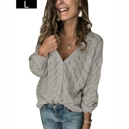 

BESTHUA Hollow V-neck Long-sleeved Single-breasted Cardigan Knitwear Top for Women