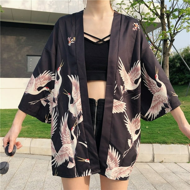 Yeacher Women Kimono Cardigan Red crowned Crane Print Loose Casual Retro Tunic Tops for Home Beach Bathing