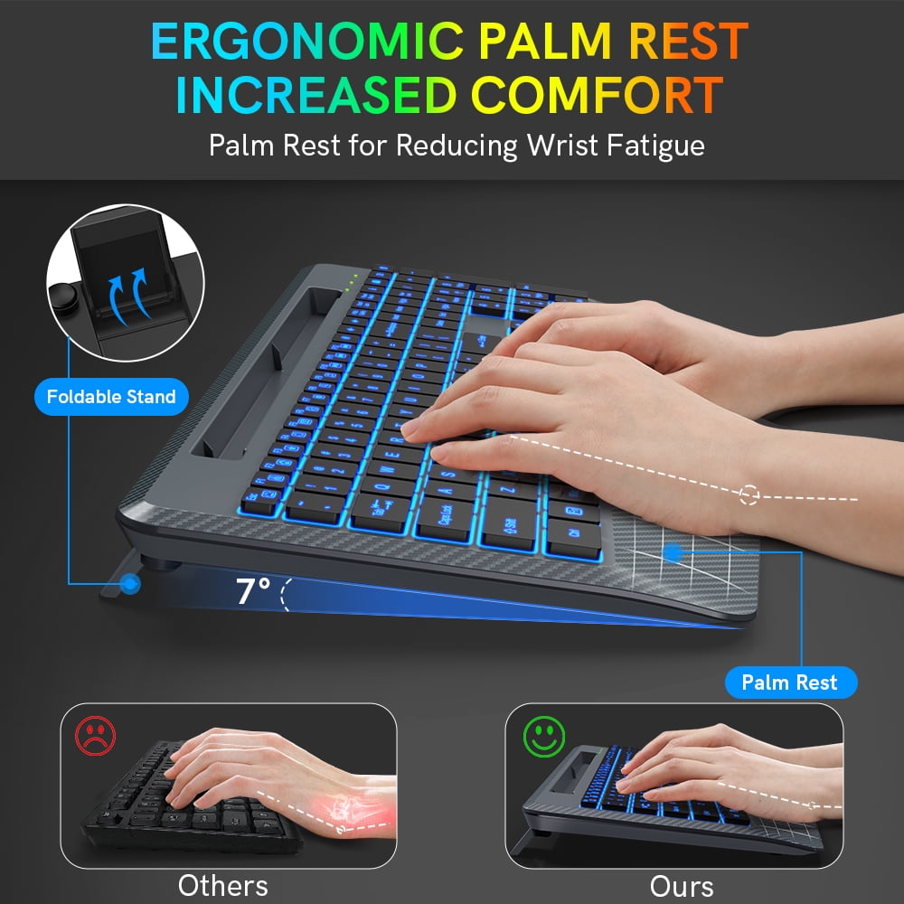 Wireless Keyboard with 7 Colored Backlits, Wrist Rest-Gray-Wagpak