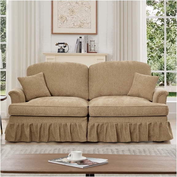 JERFIT Mid-Century Modern Chenille Loveseat Sofa with Flared Arms, Removable Ruffle Skirt, and Spindle Legs for Living Room, Light Coffee