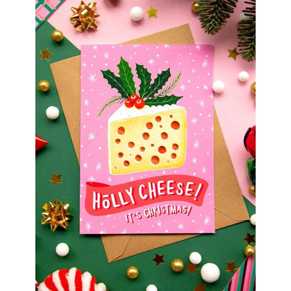 Holly Cheese! It's Christmas! Funny Holiday Card - Cute Cheese Design with Holly - Ideal for Friends, Family, and Cheese Lovers - Blank Inside & Envelope Included