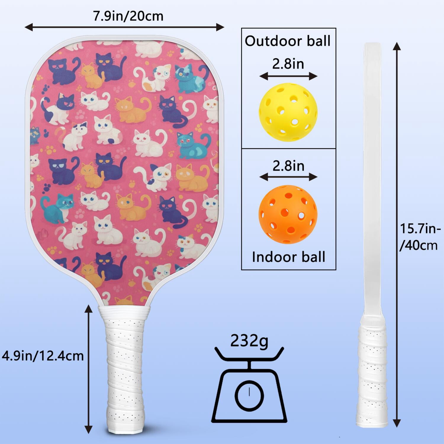 Pickleball Paddles Set Of 1, Fiberglass Surface, Cats & Dogs Print, 1 Paddle, 2 Balls & Bag